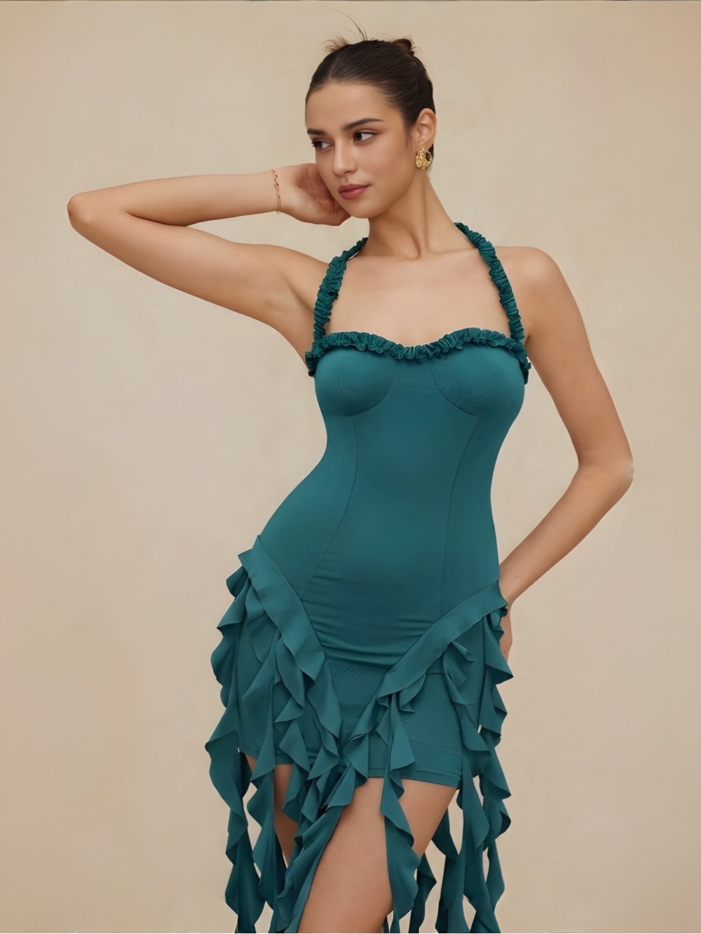 Micas Ruffle Tassel Halter Bustier Mini Dress in Jade Sz M